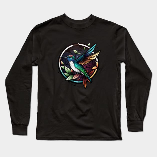 Hummingbird Bird Animal Portrait Stained Glass Wildlife Outdoors Adventure Long Sleeve T-Shirt by Cubebox